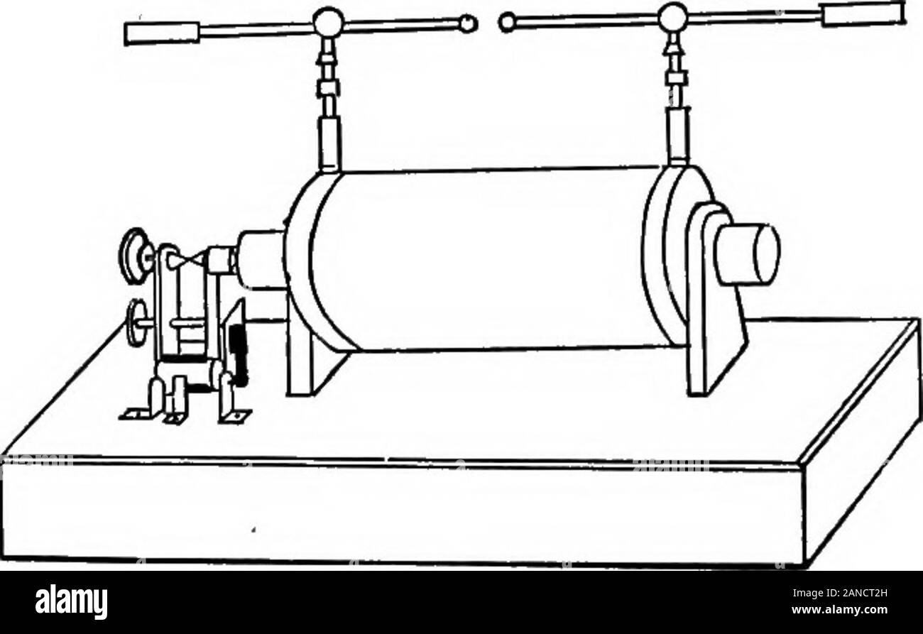 Les contours de la physique : un texte élémentaire-livre . passe par le primarycoil jusqu'à la batterie. Le courant à travers le coilmagnetizes le coeur, et le disque à la fin de l'springis attiré. Son mouvement vers le noyau attire l'ensembleressort loin de la vis à 0 et coupe le circuit atthat point. Le courant cesse de circuler à travers lesvis de, et le noyau de la bobine, qui est de fer doux, perd de l'itsmagnetism. Le printemps de l'interrompt pas longerattracted vole à sa position d'origine, arrive en con-tact avec la vis à O, et le circuit est de nouveau fermée.Ce proces Banque D'Images
