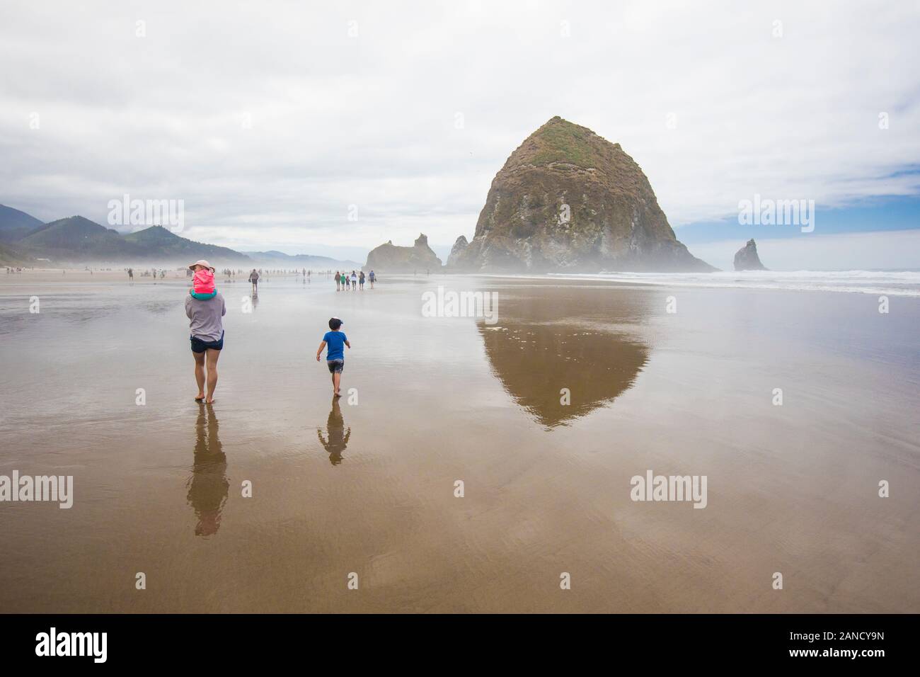 Vue arrière de la mère et de deux enfants qui marchent sur Cannon Beach. Banque D'Images