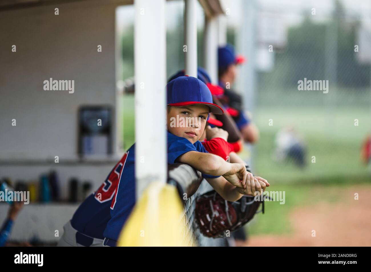 Garçon en dugout pendant le match de base-ball de la petite ligue Banque D'Images