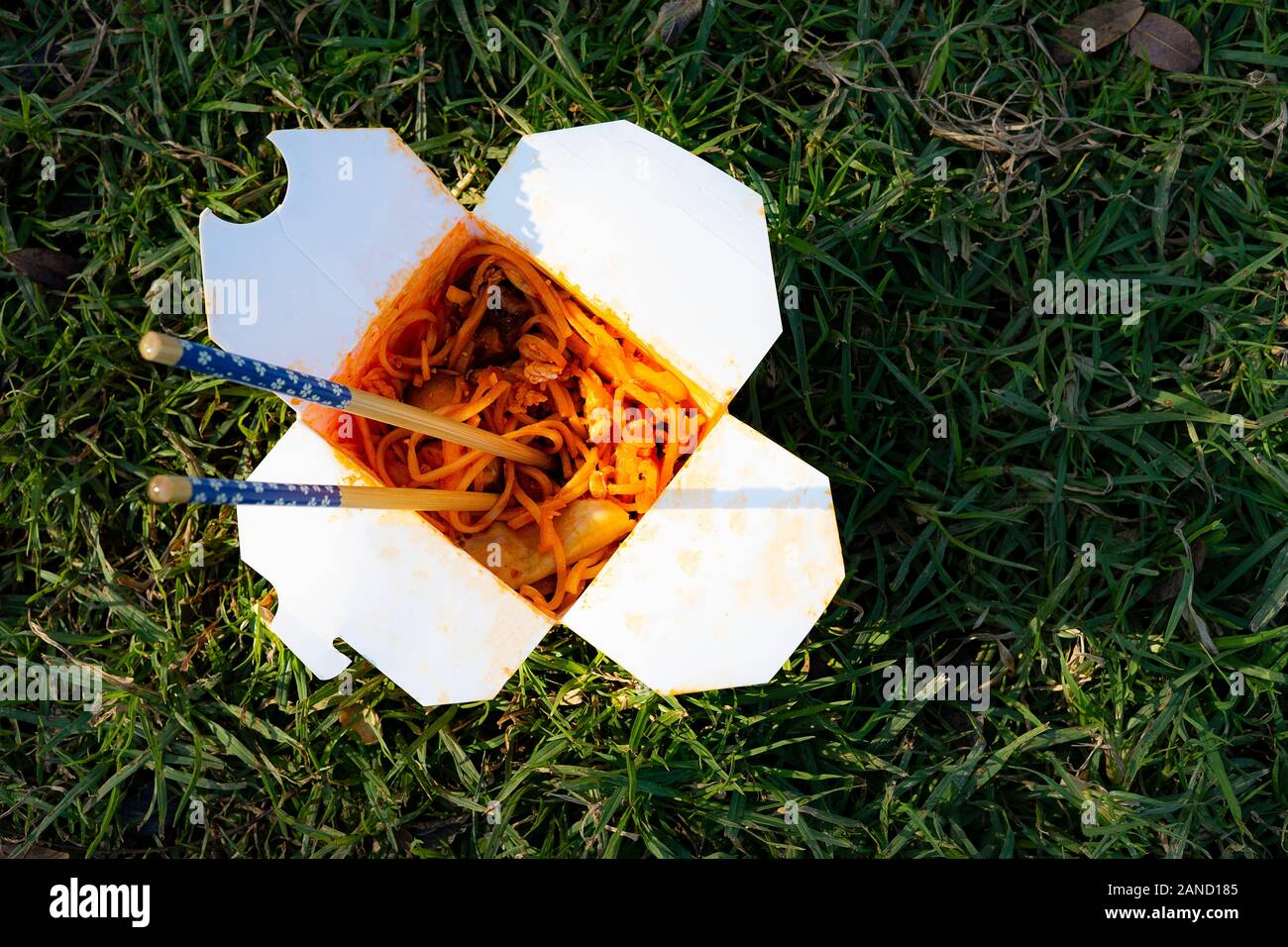 Wok et des nouilles chinoises avec des baguettes chinoises sur un fond vert. Concept de Wok et la cuisine asiatique. Banque D'Images