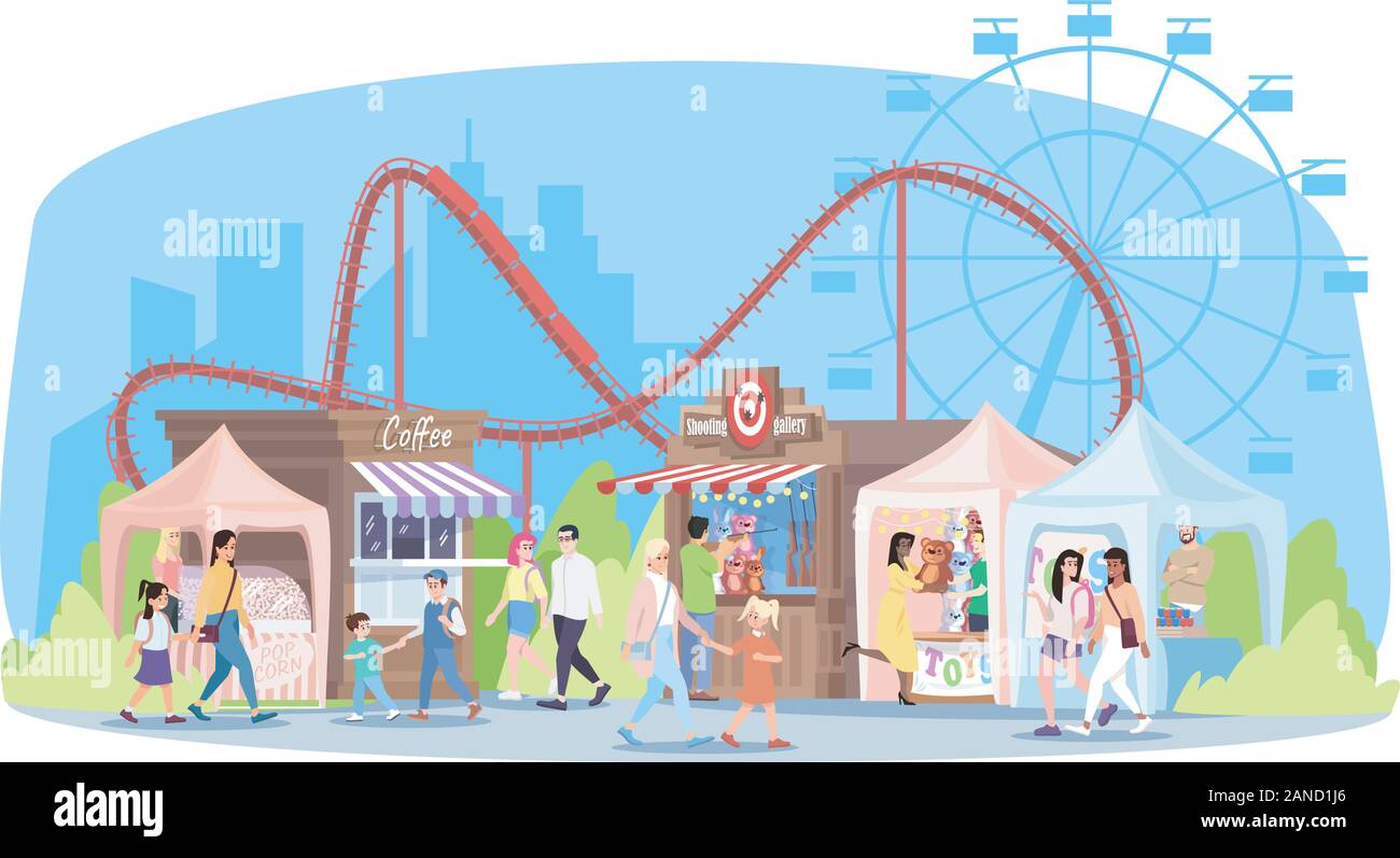 Parc de loisirs télévision vector illustration. Grande roue, montagnes russes, les étals de marché avec la nourriture, les jouets. Les gens marchent fête foraine, cirque juste cartoon charact Illustration de Vecteur