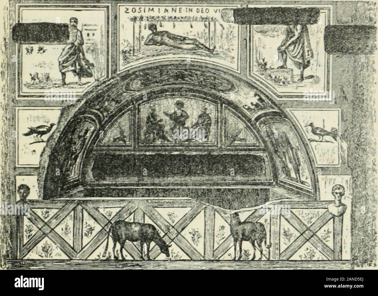 ÃlÃ©ments d'archÃ©ologie chrétien©tienne . les cimetiÃ¨res Ã la surface du sol un grandnombre de sarcophages. Sur les disposait ordinairement Ã cÃ'tÃ© des basiliques ou des murs qui formaient lenceinte descimetiÃ¨res. Des toits, Â" teglata Â", les protÃ©geaient. Sur allumé dansune inscription : LOCVS EMPTVS BASILICABALEINES DANS TEGLATA SVB (À¯). Les sarcophages plus riches Ã©taient surmontÃ©sde petits toits soutenus par des piliers, Â" teguria, ciboria Â". I. Cette basilique Ã©tait situÃ©e prÃ¨s du cimetiÃ¨re de St-Calixte. Un CIMETIÃRES ET MONUMENTS LA SURFACE DU SOL. J39 des grilles à l'altherax renfermai en Banque D'Images