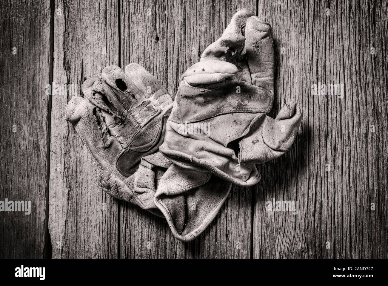 Black & White studio still life close-up de porter des gants de travail en cuir Banque D'Images