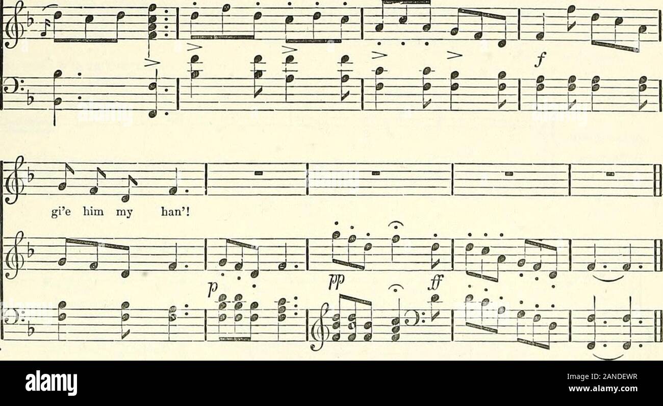 Les chansons populaires de l'Écosse avec leurs mélodies appropriées . Kirk ou mar - ket, jours il m'fol - bas, Écart, glowrin,6 P^^ ^^gip pP =S z^jne. être --> ;£*j£ =P ="- mf -"- =-" J A J JJ JJ JJ A J-J Pourquoi devrais-je, D'UNE RAPIDE JEUNES LASSIE. pi^E t3^^£2s^mm jusqu'Id fain ban !8 puis à notre en-gle-neuk7 ilk - un jour havrin;8UI mourir plutôt que de loin. Un mon peuple sont comme meBout deave d9 chambre d'une honte, une siller une Ian;Deil tak le siller une Nai une thegither !malade mourir loin plutôt que le gie lui mon han ! Mon ain jo est un jeune bonnie, un tho hes, hes puir aye fidèle à moi ; mauvais homme mais mon ane aoh ain dearest Johnnie, un ne Banque D'Images