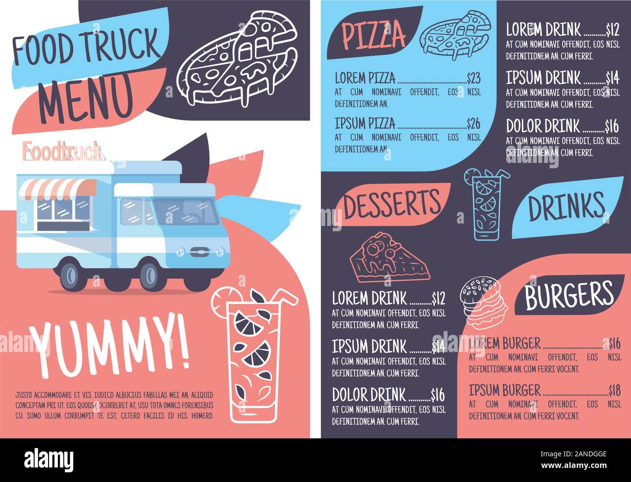 Modèle de menu camion alimentaire. Imprimé avec icônes plates. Illustrations vectorielles conceptuelles. Restaurant, café bannière, brochure brochure brochure avec les prix de la nourriture la Illustration de Vecteur