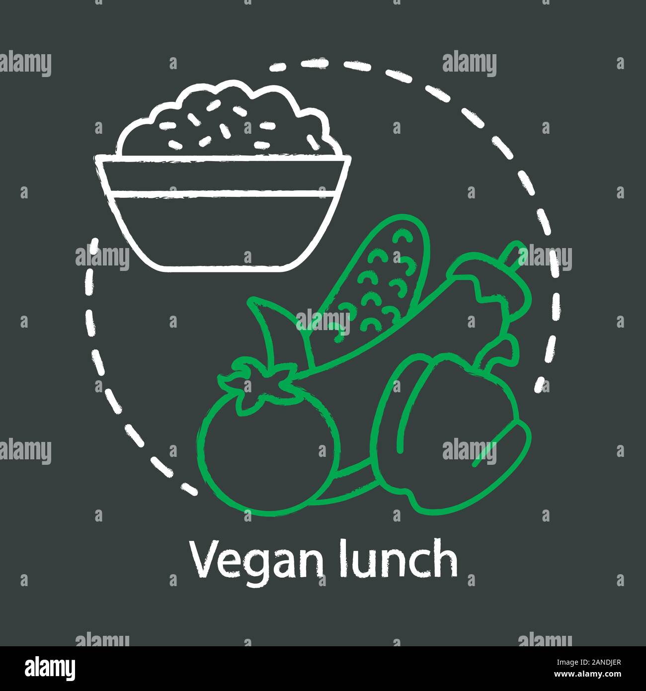 Déjeuner végétalien concept craie icône. Idée d'une alimentation saine. Porridge avec tomate, poivron, aubergine et vecteur illustration tableau isolé du maïs. Veget Illustration de Vecteur