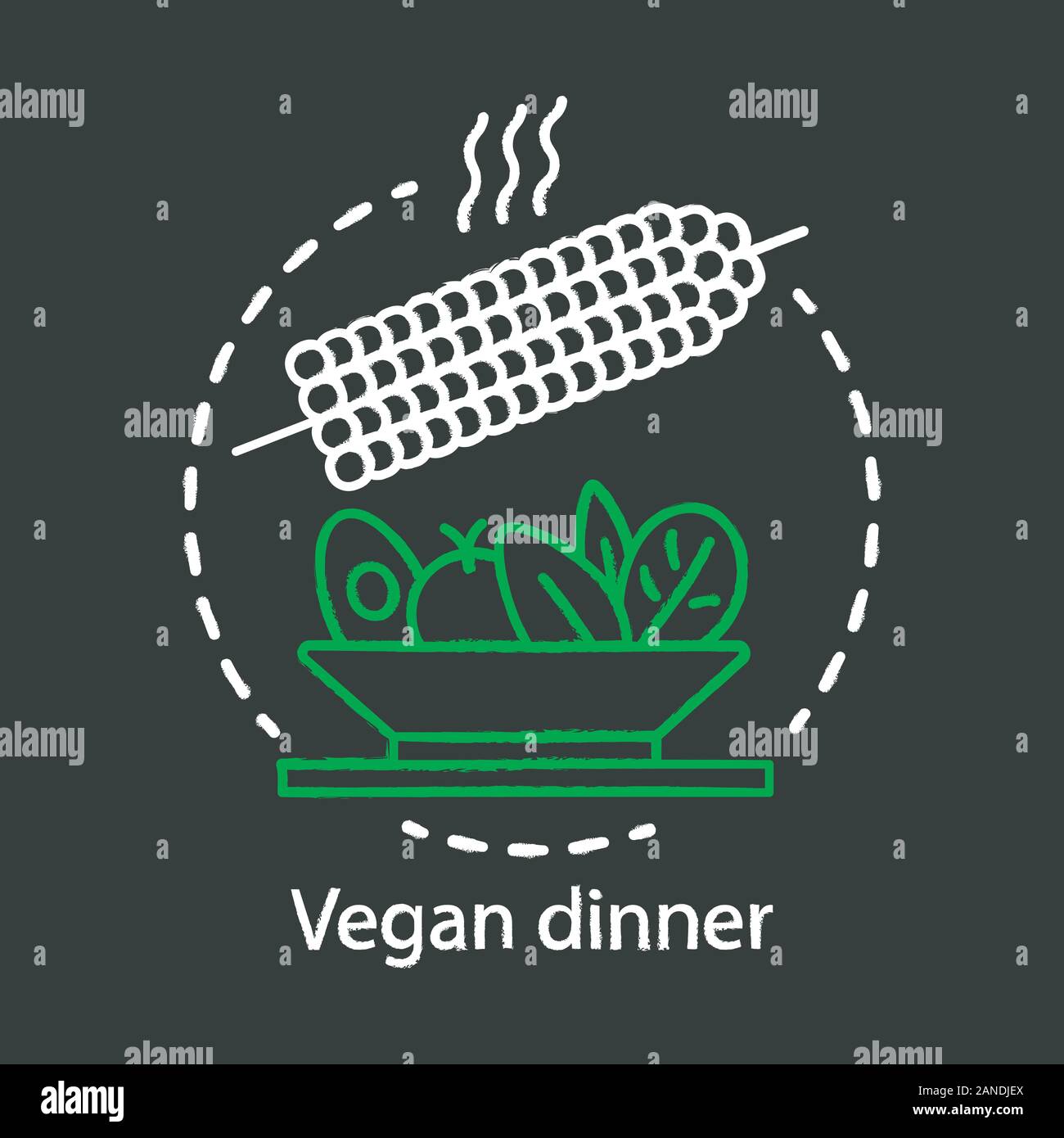 Dîner Vegan concept craie icône. Idée d'une alimentation saine. Salade de maïs cuit avec vector illustration tableau isolé. Restaurant végétarien Illustration de Vecteur