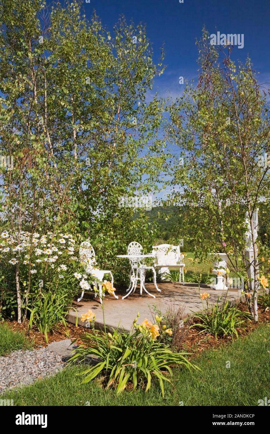 Fonte blanche table de style victorien, assis sur des chaises de patio soulevé bordé par l'hémérocalle - Hemerocallis orange, chrysanthèmes blancs. Banque D'Images