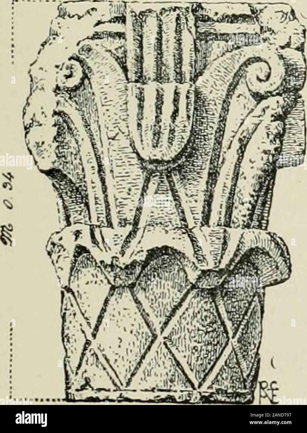 L'architecture en Italie, à partir de la sixième à la onzième siècle, recherches historiques et critiques . Fig. 76. -Capital dans le Palace, Fieramosca Capoue-Vlllth, Siècle. Fig. 77.-capital dans le Musée atCapua VTITth-siècle. attribué à l'huitième siècle cen-œuvres qui appartiennent totlie neuvième, et qui weshall bientôt. Dans le Christian museumof le Latran, à l'footof le grand escalier, Ifound une frise avec des spirales,withes et dr}^ feuilles, ani-mals et monstersof fantastiques formes robustes. Dans themidst de l'escalier à l'lapidarygalleries thatleads, il y a une dalle, rect-angulaires avec un greatL Banque D'Images
