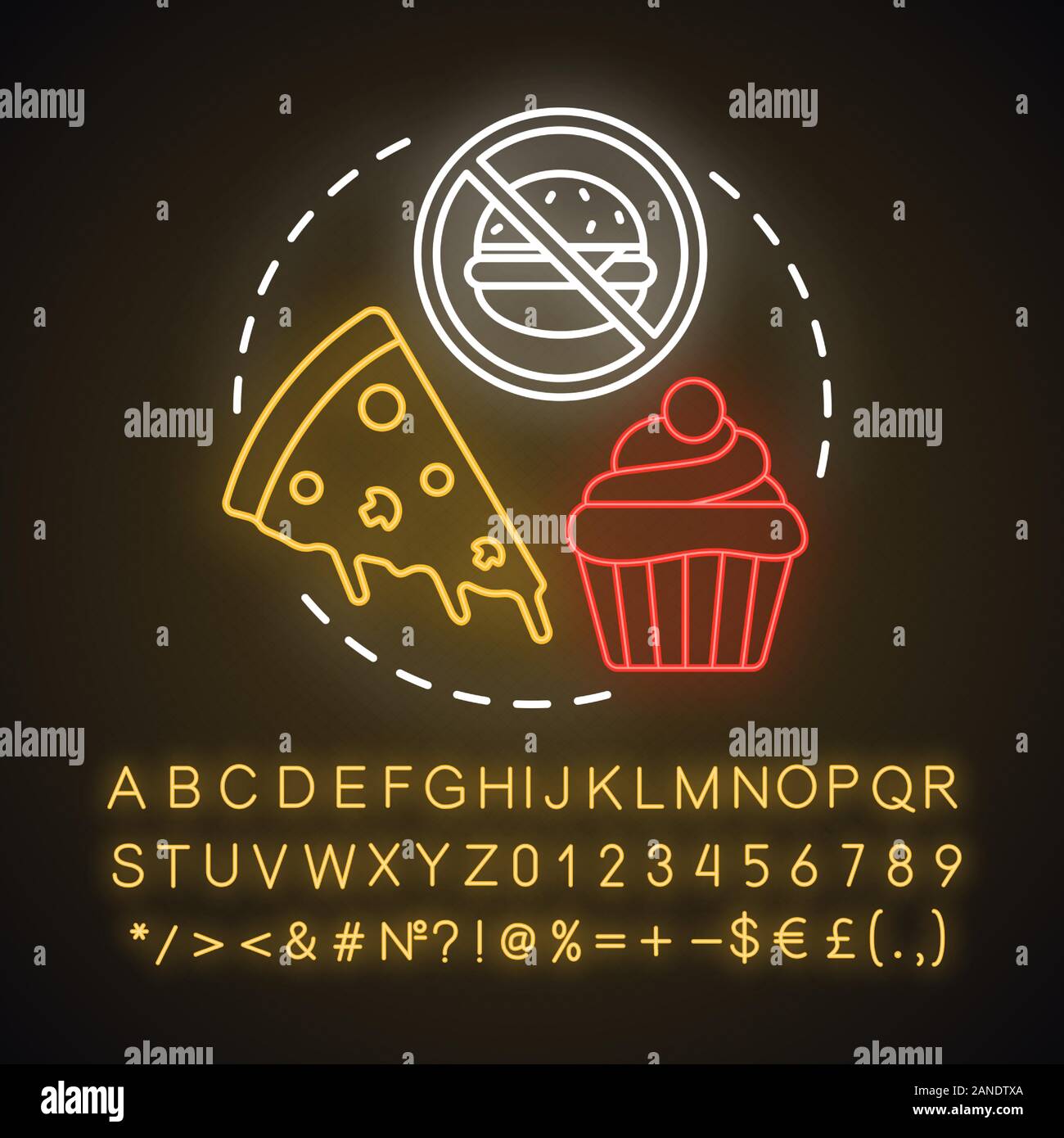 La malbouffe alimentation neon light concept icône. Idée d'un mode de vie sain. Signe rougeoyant avec alphabet, chiffres et symboles. Une mauvaise nutrition. Délicieux cupcake, p Illustration de Vecteur