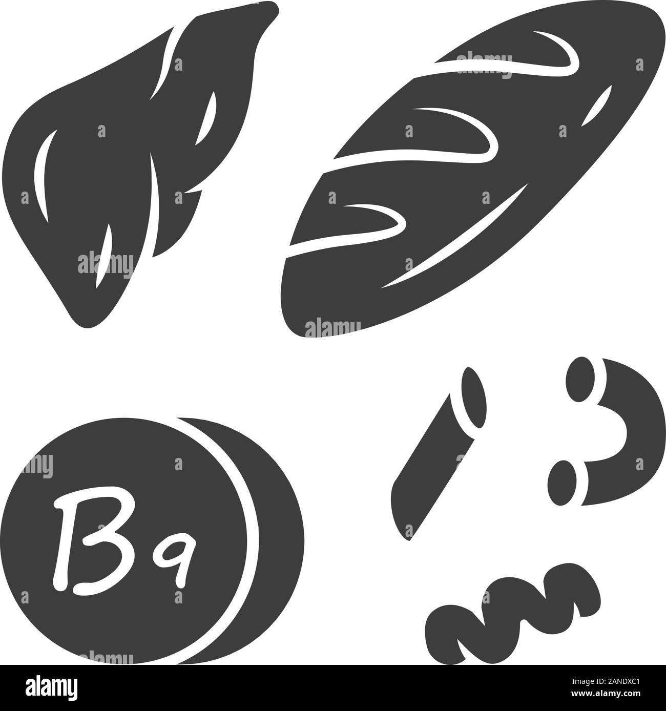 La vitamine B9 icône glyphe. Le pain, le foie et les pâtes. Produits de viande et de farine. L'alimentation saine. Source alimentaire d'acide folique. Minéraux, antioxydants. Silhouette sym Illustration de Vecteur