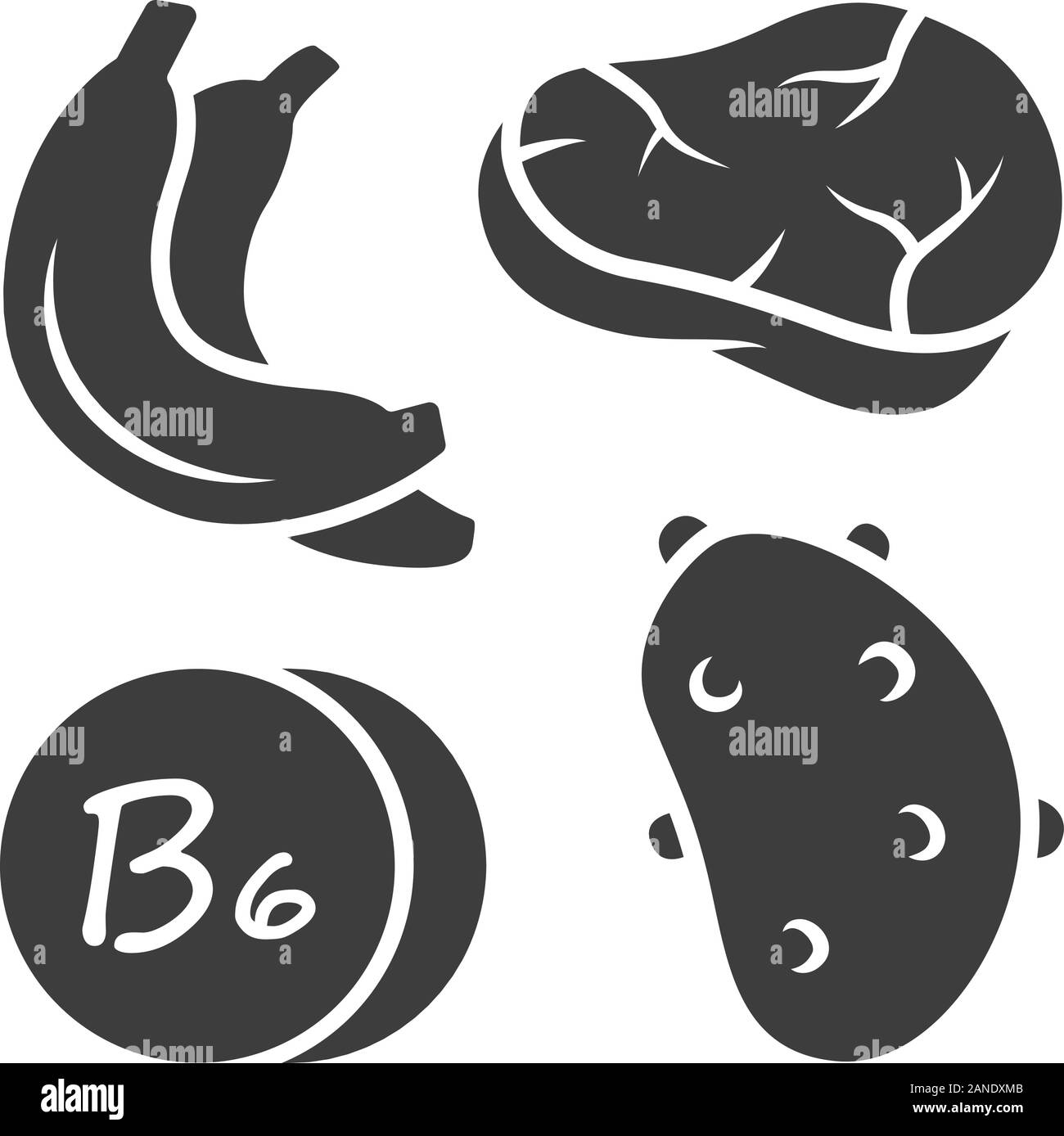 La vitamine B6 icône glyphe. La viande, la banane et la pomme de terre. L'alimentation saine. La pyridoxine alimentation naturelle. Une bonne nutrition. Minéral, antioxydants. Silhouette sy Illustration de Vecteur