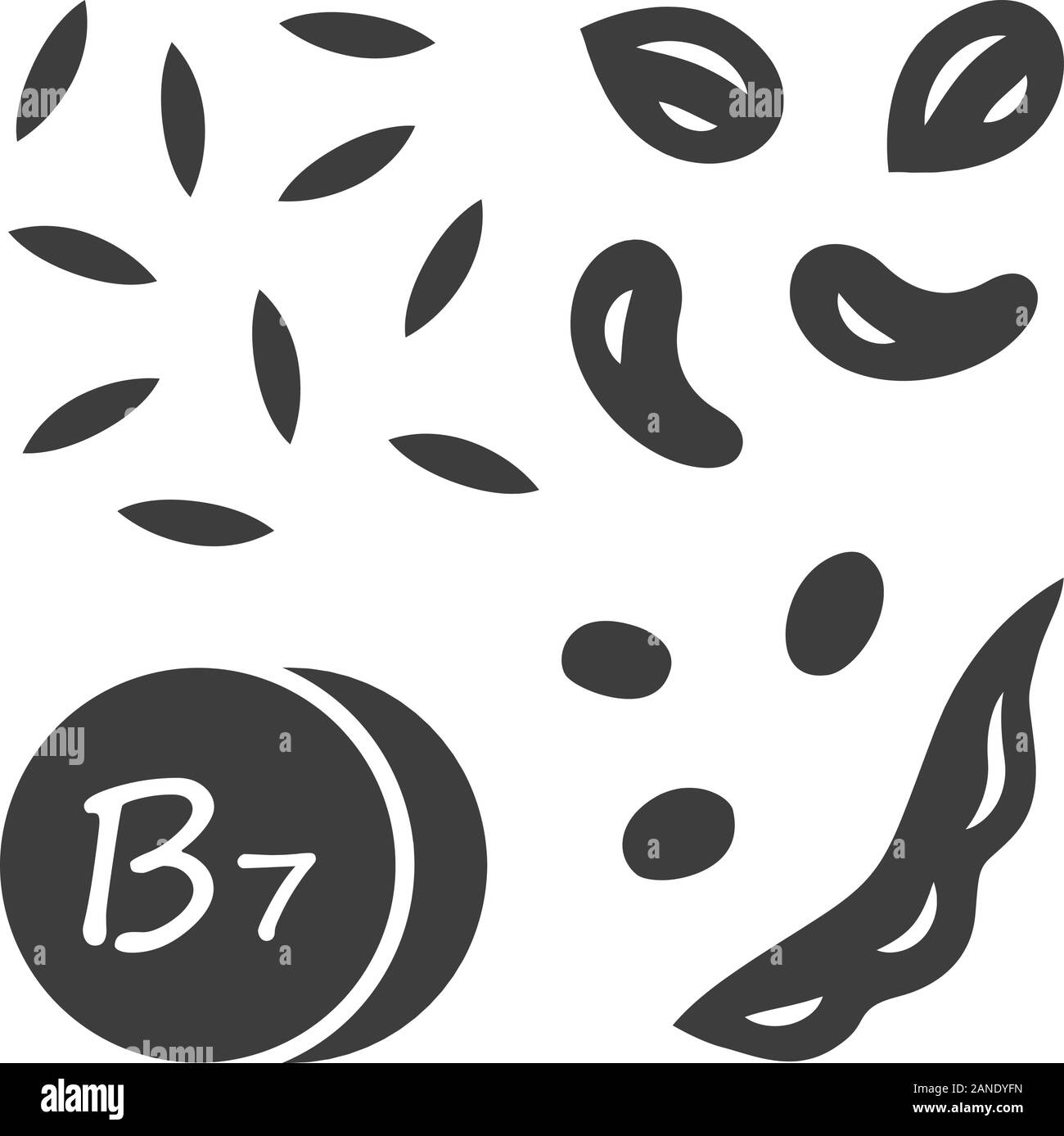 La vitamine B7 icône glyphe. Les amandes et les cacahuètes. Les écrous et les pois. La biotine de source naturelle. Une bonne nutrition. H. vitamines minéraux, antioxydants. Silhouette symb Illustration de Vecteur