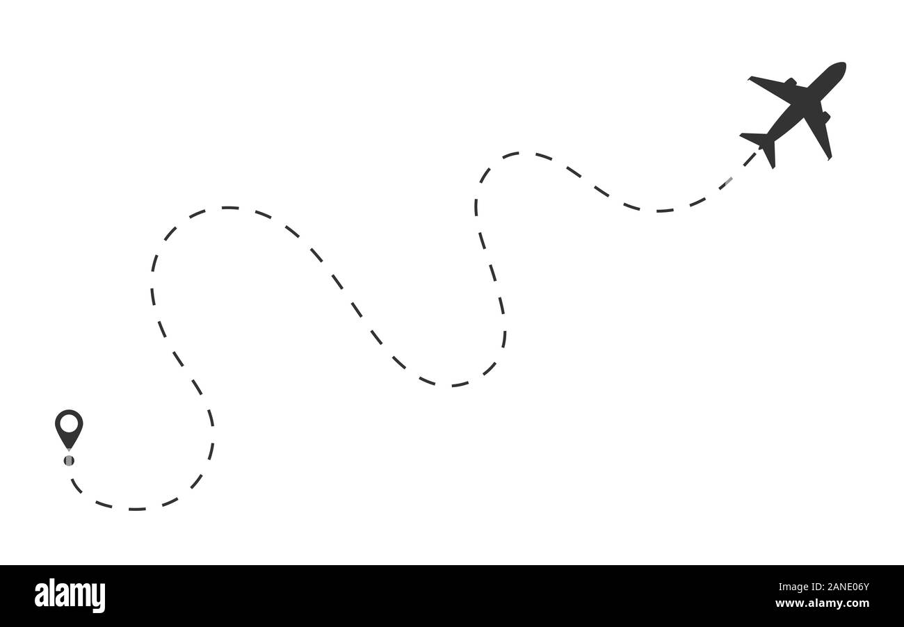 Itinéraire avion avec ligne pointillée sur fond blanc. Concept d'avion volant. Composition du trajet avec trait de tableau de bord. Points de départ et de fin. Tourisme Illustration de Vecteur