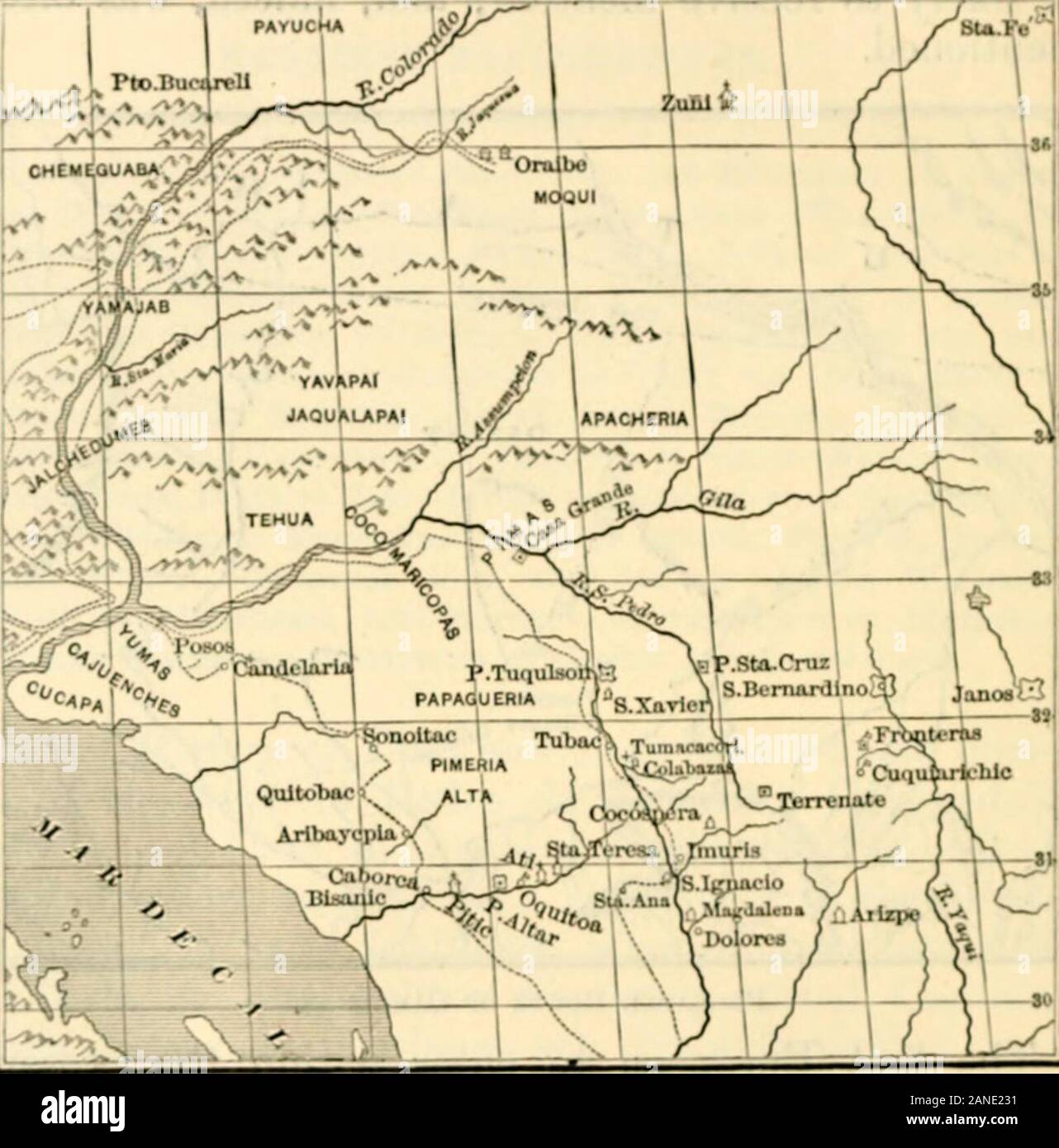L'histoire du Nevada, du Colorado et du Wyoming, 1540-1888 . Pkobable Route de Cardenas, le premier Européen à entrer dans le presentlimits du Nevada dont nous avons connaissance, et sans doute dans mon esprit absolument la première toenter, était le père Francisco Garces, de l'ordre ofSt Francis, qui partit de Sonora en 1775 avec aparty sous le Colonel Anza pour la Californie, et whostopped à la jonction de la Californie et Gila toexplore site pour une mission. De l'expédition à Cali-fornia était le père Pedro Font qui a écrit un narrativeof, et il appelle une carte qui comprenait non seulement son ^ PREMIERS EXPLORAT Banque D'Images