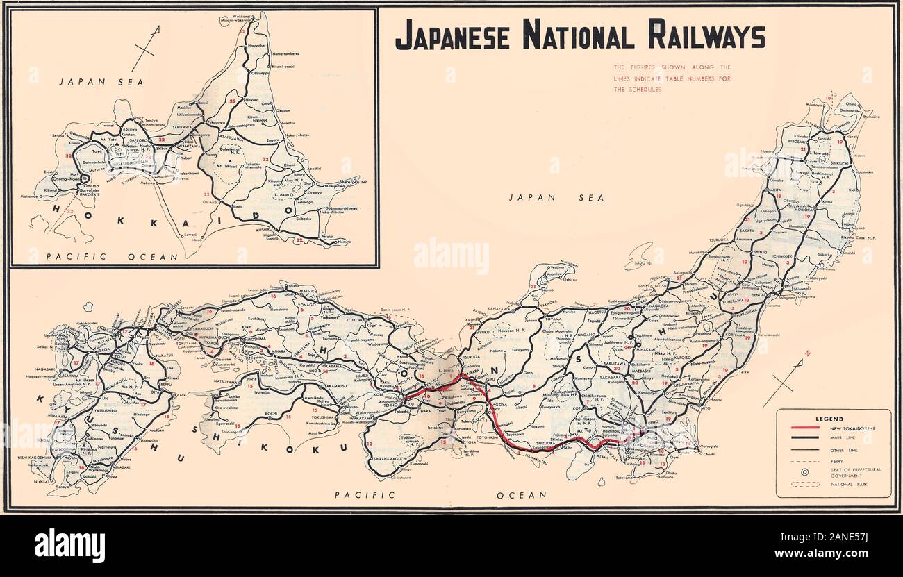 Chemin de fer National Japonais carte du système de calendrier 1964-10-01 passager efficace, montrant la nouvelle ligne Tokaido Shinkansen (en rouge) et les lignes classiques. 1 octobre 1964 Banque D'Images
