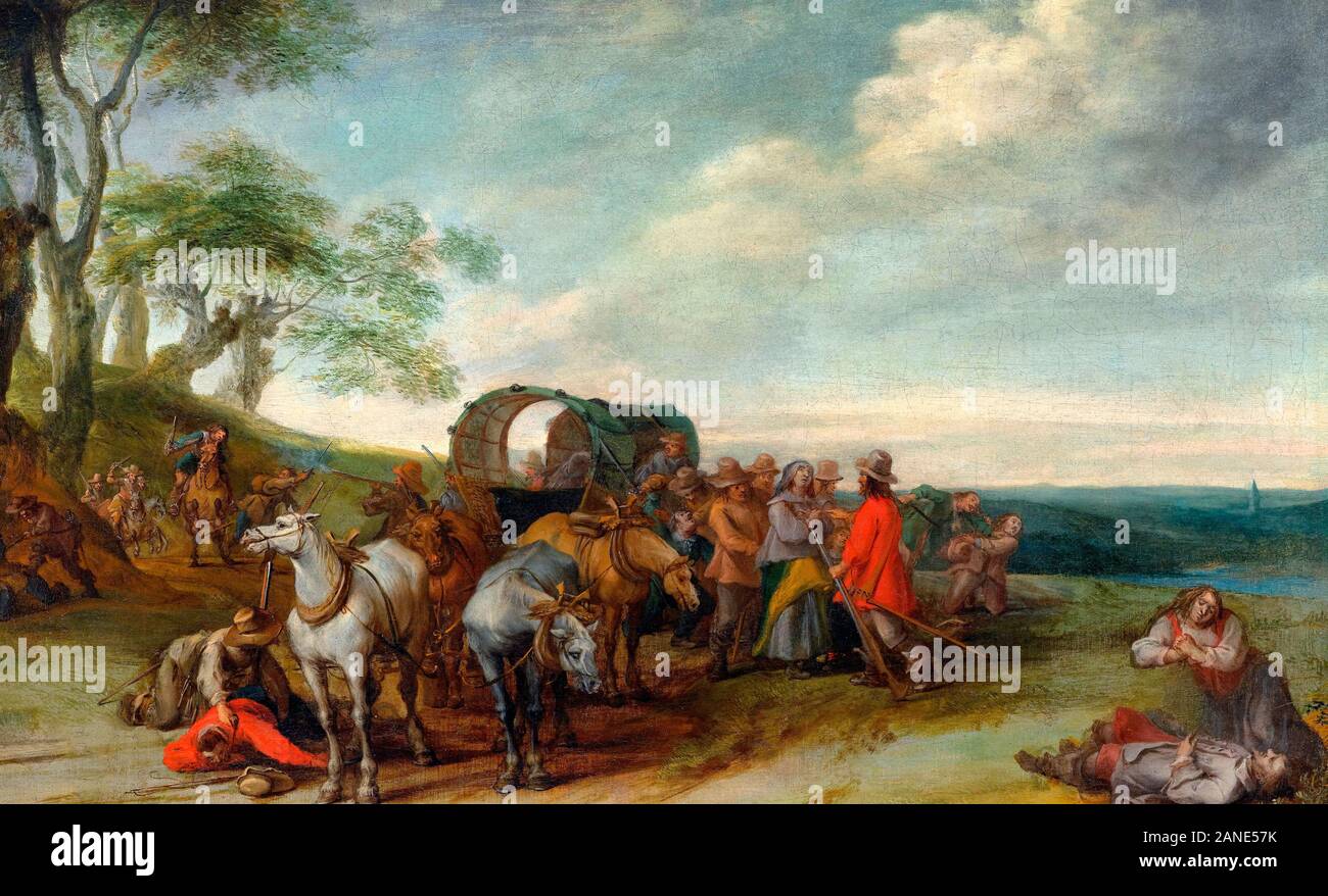 Paysage flamand avec les voyageurs attaqués par des voleurs - Peter Snayers, vers 1645 Banque D'Images