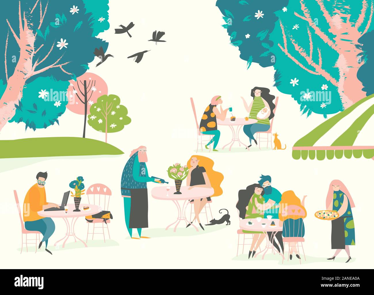 Beaucoup de gens assis et boire du café en plein air au café-restaurant ou café, avec des tables Illustration de Vecteur