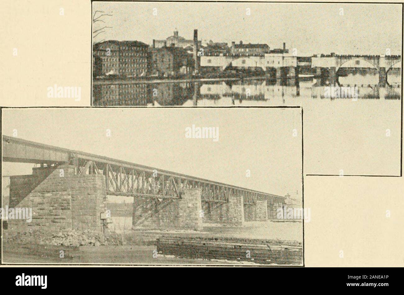 La ville de New Brunswick ; son histoire, ses maisons et ses industries . PENNSYLVANIA RAILROAD BRIDGE SUR LA RIVIÈRE RARITAN la ville étaient attribués ou vendus à JohnInian. Sur une carte, faite en 1685 par JohnReed, sous-inspecteur, il y a un placecalled une place fording, qui était un rockyrift s'étendant à travers la rivière juste belowwhere maintenant, c'est l'écluse, à whichpoint la rivière était si faible qu'il couldeasily franchir à marée basse dans un wagonor à cheval. Après une route de wasrun Georges Road au traversier atthis point. Le traversier de l'homme ont été cédés par Thomas agriculteur de PhilipFrench le 30 mars Banque D'Images