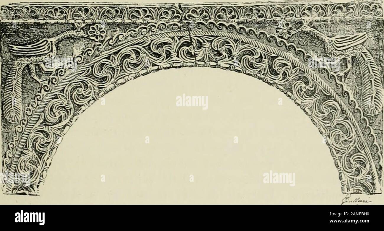 L'architecture en Italie, à partir de la sixième à la onzième siècle, recherches historiques et critiques . - Enrichedby wliich sont gracieusement, Lis.. Fig. 5.3.-arch de ciboire sur la Place S. Dominic à Bologna-Ylllth Siècle. Bologne.-Bologne conserve également certains travaux d'theeighth siècle grec. Le plus important, c'est une arche d'un ciboriumthat on voit sur la place de S. Dominique, appliquée à thetomb de l'Foscherari, et qui Fleury, bien sûr, affecte au neuvième siècle. Il est décoré par une élégante d'archivoltcomposed beau feuillage, comme ceux de Modène et civi- 134 dale, entre spindl Banque D'Images