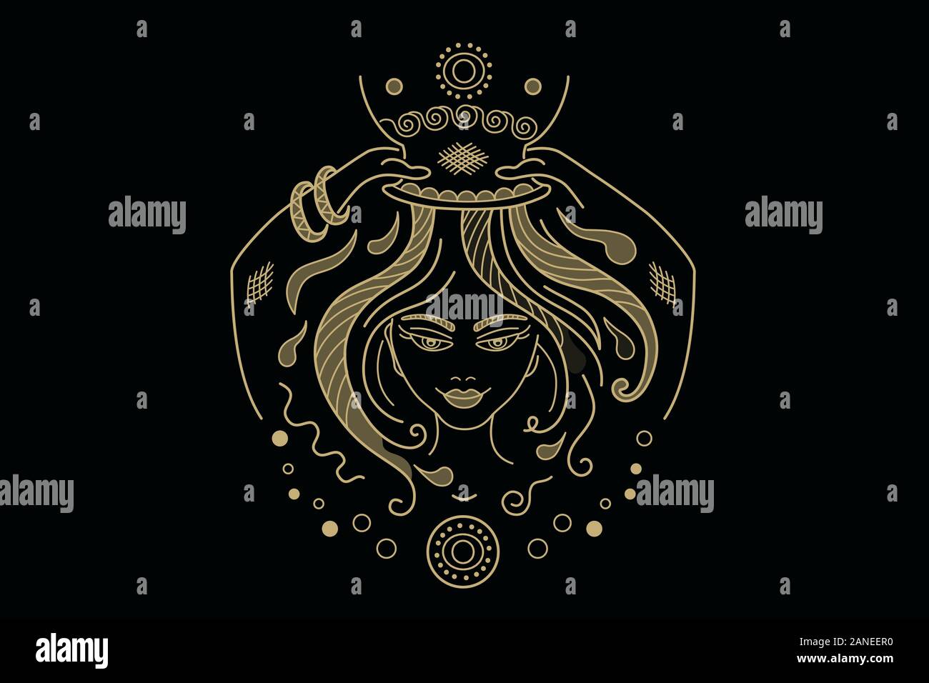 Constellation du Verseau signe du zodiaque illustration, fantaisie ornement en style de fées. Fille ou femme sur fond noir dans le style art déco prend une douche, w Illustration de Vecteur