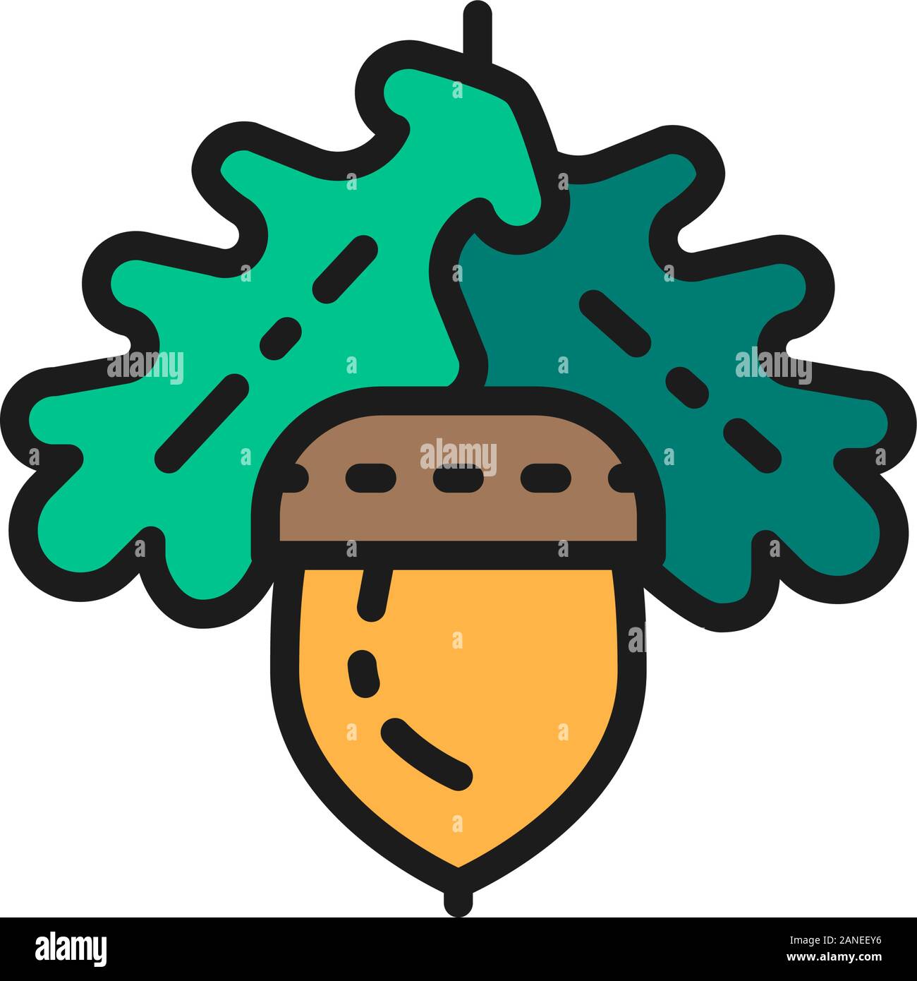 Acorn, vecteur de l'icône de la ligne de couleur à plat en chêne. Illustration de Vecteur