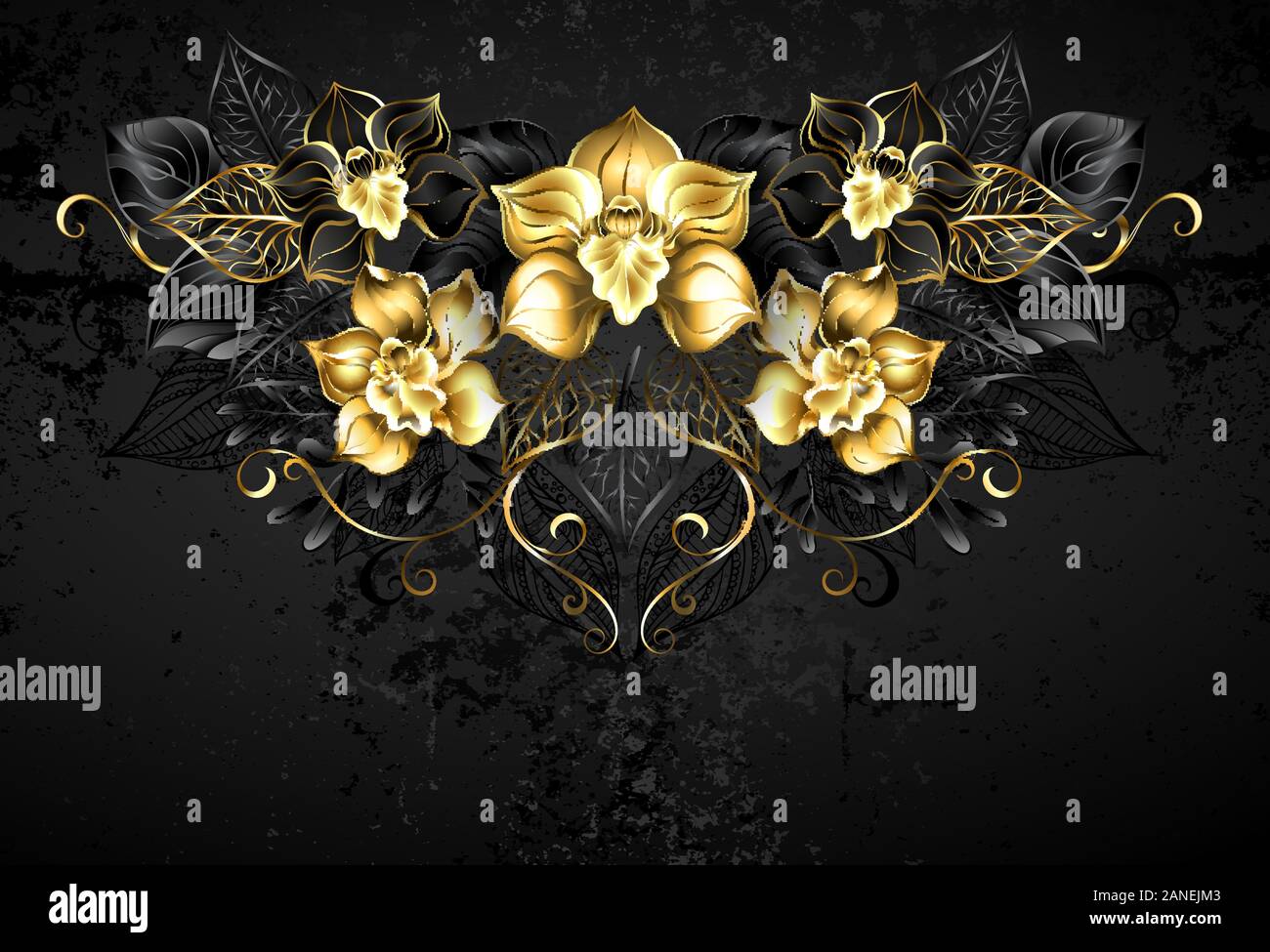 Motif symétrique noir et or bijoux orchidées avec des brindilles sur fond noir. Illustration de Vecteur