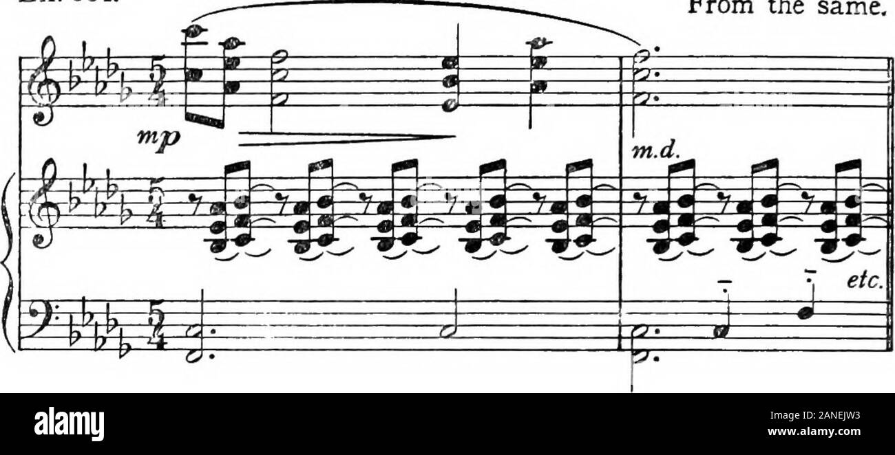 L'harmonie moderne, son explication et l'application . 160 351 par exemple dans l'harmonie moderne, nous voyons une belle application d'un trois-un triple double contour dans la mélodie, dans un contexte ofOutline, doubles quarts dans l'harmonie intérieure. Le piecerequires bien épais pour être enveloppé par deux pédales. m. d. M.G. Ex. 351 de la même.. L'accord conjoint décrivant dans le piano-forte Saint-Saens Concerto est extrêmement intéressant, et rappelle à l'un ofmany du roman-ton les effets de couleur dans son troisième ViolinConcerto. Elle constitue également une instance de l'impres-sionistic utilisation d'accords communs en s Banque D'Images