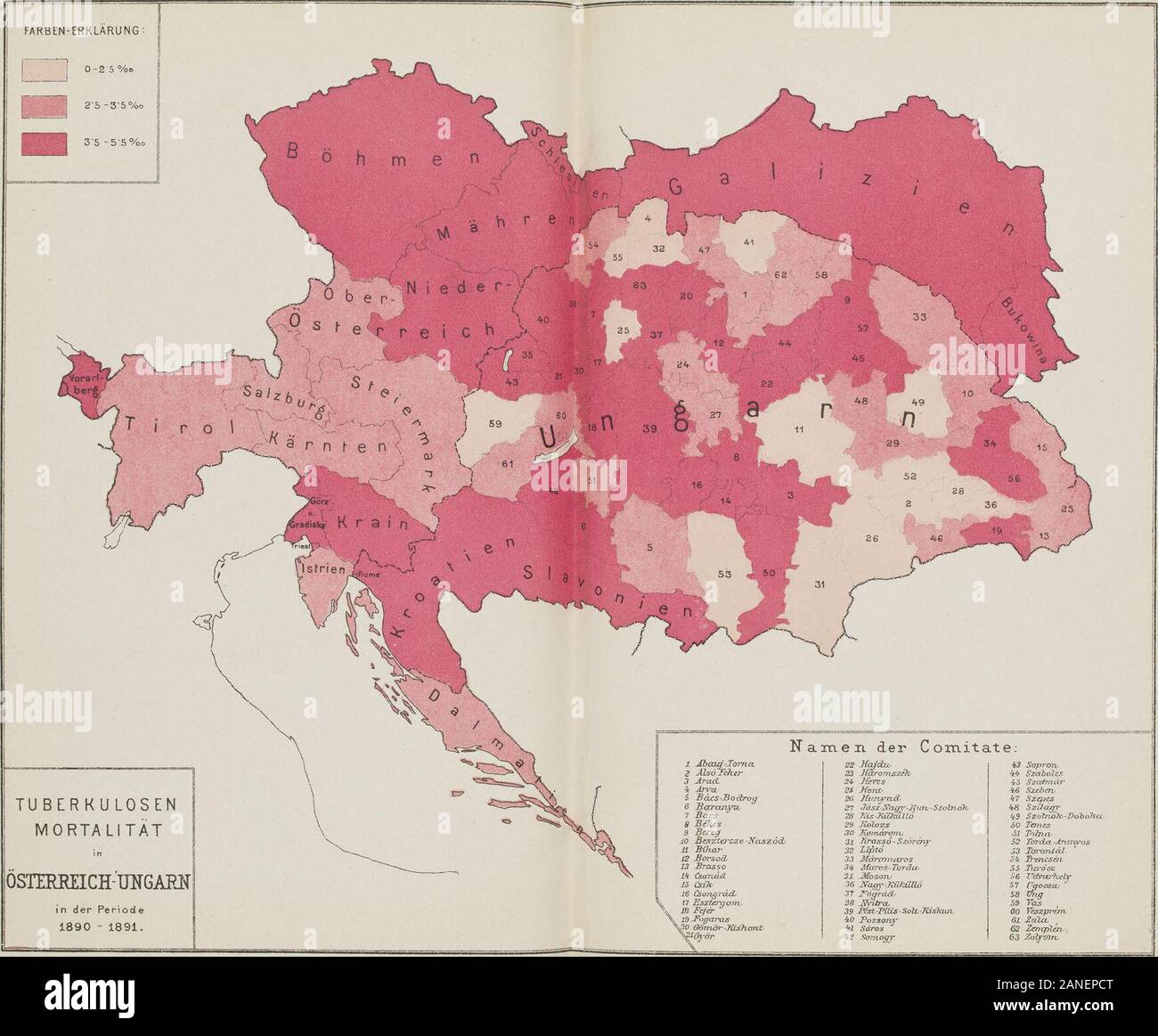 Die Ehe und ihre Folgen . Tuberculoser ska 4-6 42 5-0 4*6 Niederösterreich Mähren 4-6 5-0 5-0 4*6 Vorarlberg Schlesien 5-l 4-7 4-8 5-2 Triest Krain 5349 Die Sterblichkeit der österreichischen Provinzialhauptstädtean Tuberculose im Jahre 1890 : les guerre un t. -N fco" ? ?" S 1 2 3 4 5 6 7 8 9 10 11 12 13 14 Provinzial-Hauptstädte Wien . .Prag . .Triest. .LembergGraz . .BrunnCzernowitzLinz . SalzburgLaibach TroppauInnsbruckGörz ... .Klagenfurt femme-175,751 135,471 119,352 zahl 818,339 107,568 90,715 51,997 44,955 25,765 28,334 21,500 21,343 20,751 17 690 une Sterblichkeit Lungen- tuberculose Banque D'Images