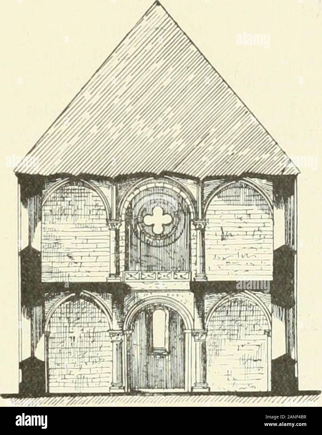 Revue de l'art chrétien . Fig. 9. - Église de Ledôje. lions, surtout de léglise supérieure, il ny aaucun doute sur la disposition primitive, desorte que lors de la restauration de légliseen 1887-1892 sur pouvait la ramènera saphysionomie primitif. Léglise était construite en briques, sonintérieur était partiellement revêtu de car-réseaux en pierre calcaire, les fûts des deux-points-nes étaient en granit, les bases et les cha-piteaux en marbre noir Léglise se compose dune quadran-gulaire nef avec un chœur also quadran- I. Tegn af. oeldre n. A. III. gulaire. Quatre colonnes divisent la nef enune par Banque D'Images