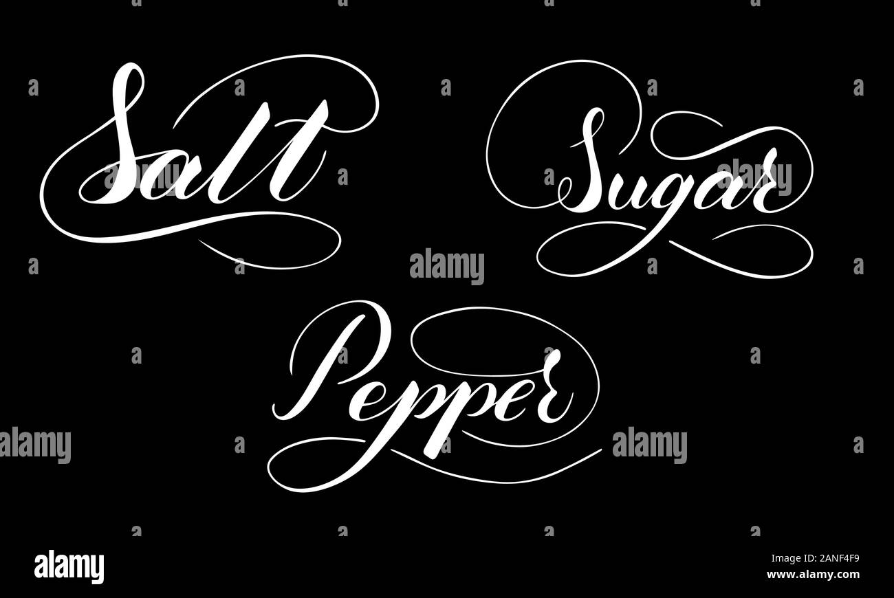 Vector hand written sel, sucre et poivre texte isolé sur fond noir. Cuisine d'épices douces pour la cuisson. Lettrage avec flouris brushpen Script Illustration de Vecteur