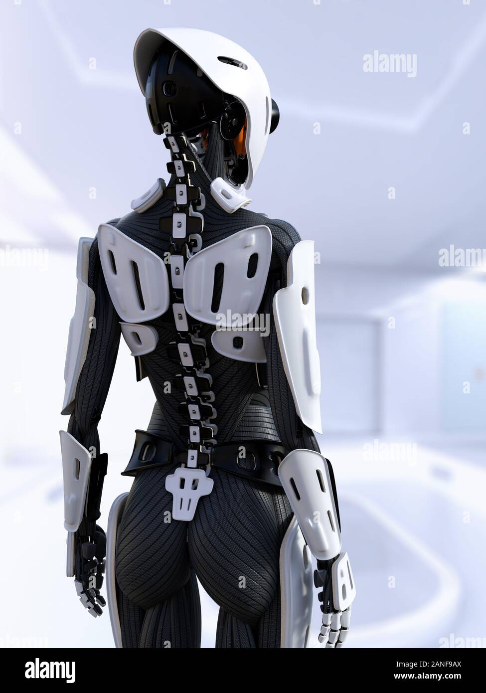 Le rendu 3D d'un robot android femme debout avec son dos tourné contre l'appareil photo. Ai futuriste concept. Banque D'Images