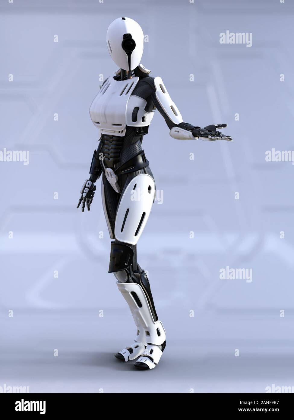 Le rendu 3D d'un robot android femme debout avec ses bras comme elle est montrant quelque chose. Ai futuriste concept. Banque D'Images