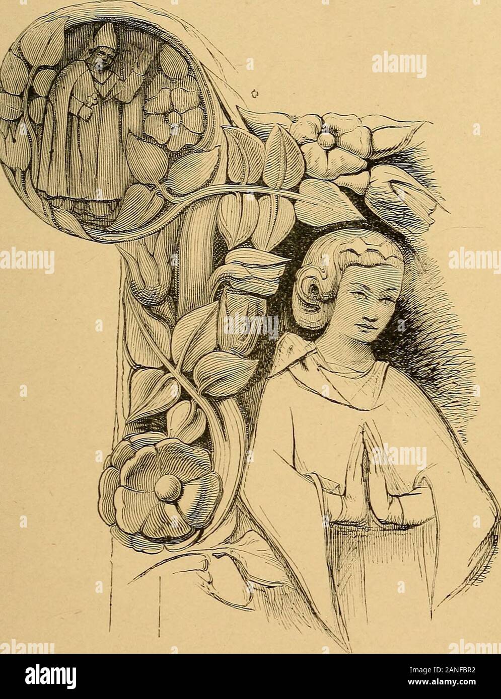 Des conférences sur l'architecture et la peinture, prononcé à Paris en novembre 1853 . efoil asshown, dans la fig. 13, quatre petites figures sont placées,un dans chaque feuille d'aluminium, et deux plus grandes dans thecentre. J'avais seulement le temps, en passant par la ville, de faire un dessin de l'un des socles de theangles ; que ces croquis J'haveenlarged, afin que vous pouvez avoir quelques ideaof le caractère de la sculpture. Ici est theenlargement {il de fig. 15). Observez maintenant,c'est l'un des angles de la partie inférieure de l'apedestal, pas deux pieds de large, sur l'outsideof un bâtiment gothique ; il ne contient que l'un des quatre petits personnages Banque D'Images