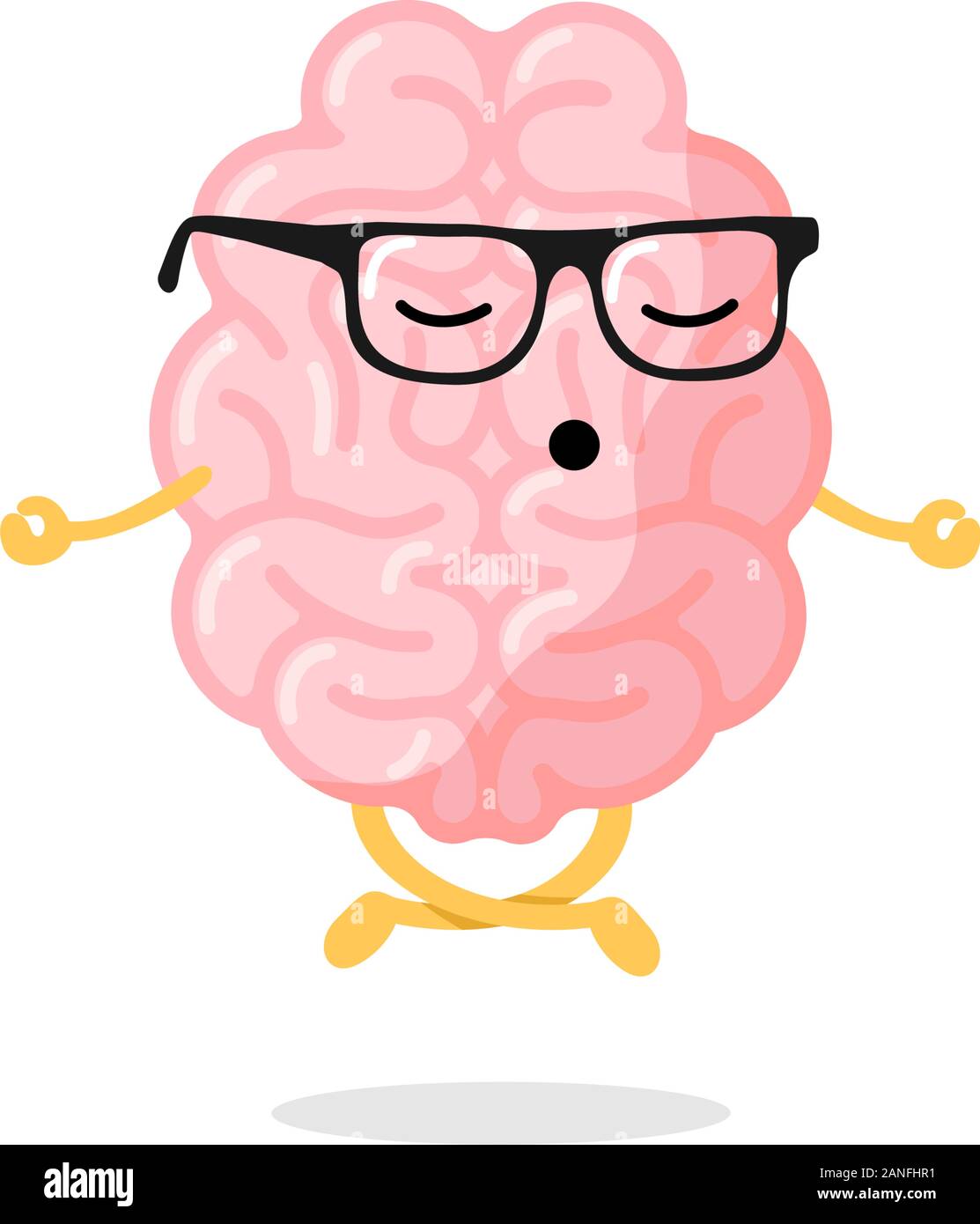 Mignon dessin animé intelligent cerveau humain personnage avec verres détente méditer concept. Méditation d'organe du système nerveux central dans la posture du yoga du lotus. Illustration vectorielle amusante de concept Relax Illustration de Vecteur