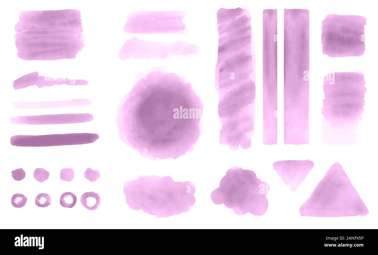 Aquarelle rose set blot, daub, splat, formes, les coups de pinceau pour éléments de design décoratif sur fond blanc. Utiliser les médias sociaux contenu graphique. Banque D'Images