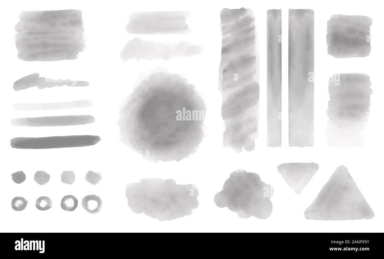 Aquarelle gris blot, daub, splat, formes, les coups de pinceau pour éléments de design décoratif sur fond blanc. Utiliser les médias sociaux contenu graphique. Banque D'Images