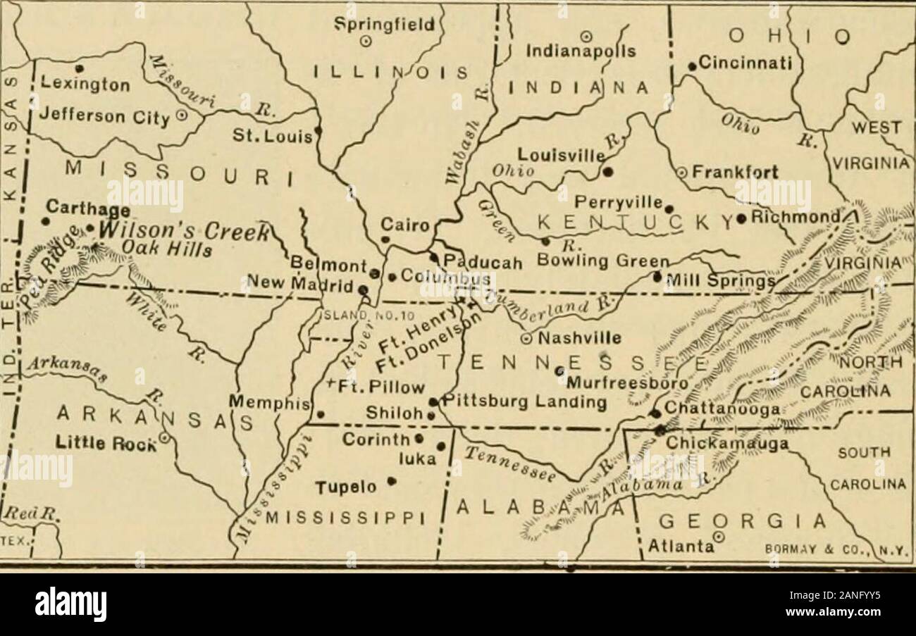 Éléments essentiels de l'histoire des États-Unis . 288 PRINCIPES FONDAMENTAUX DE L'HISTOIRE DES États-unis New Madrid, Island numéro dix, et de Fort Pillow sur theMississippi se sont rendus. 374. La bataille de Shiloh. - Récupération d'theirdefeats bientôt, les Confédérés se sont réunis une grande vigueur nearCorinth, une place dans le Mississippi sur la ligne principale d'railroadeast de Memphis et à quelques milles à l'ouest de l'TennesseeRiver. L'Union européenne avancée des forces de l'Illinois Riverin transporte à Pittsburg Landing, à écorce disem ils et ont marché vers l'avant pour attaquer les Confédérés.L'armée du Sud était sous le commandement du général A. S.. F Banque D'Images