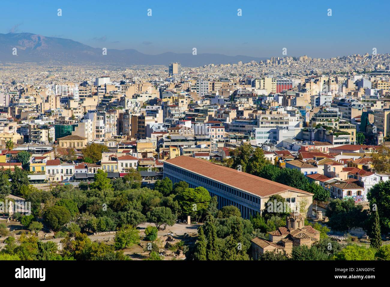 Vue aérienne de la Stoa d'Attalos à l'Agora d'Athènes à Athènes, Grèce Banque D'Images