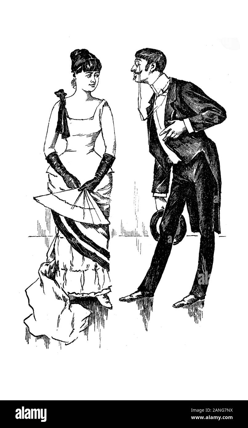 Magazine satirique allemand, monsieur avec monocle moustache cirée et flirte avec une jeune femme avec robe de soirée élégante et ventilateur Banque D'Images
