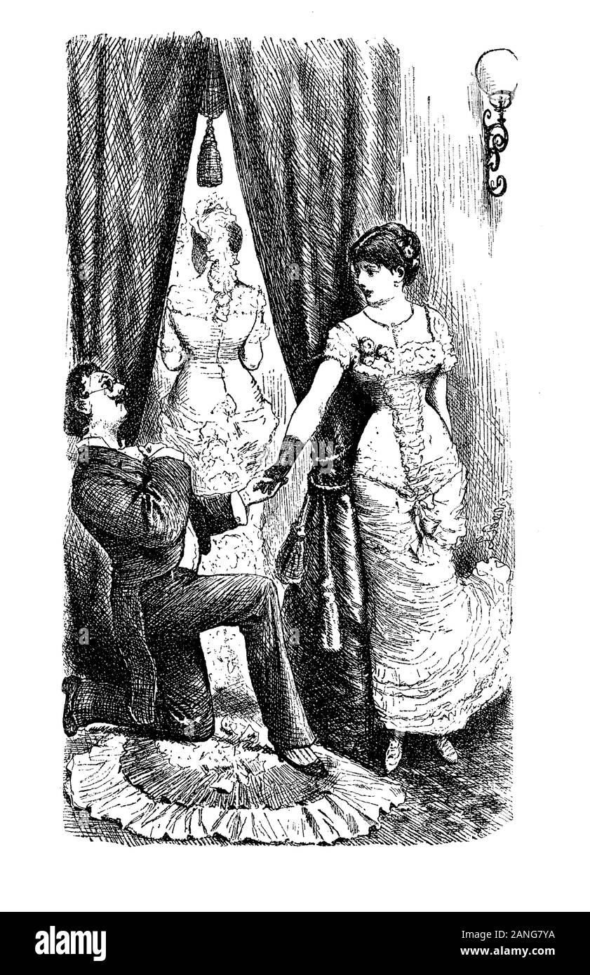Magazine satirique allemand, un amour à la fête : un gentleman dapper déclare son amour à genoux en face d'une jeune femme surpris et gêné Banque D'Images