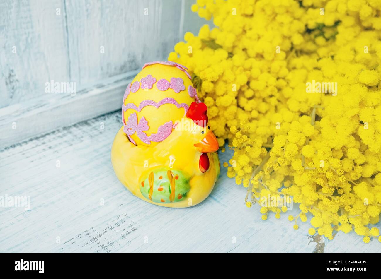 Oeuf de Pâques dans un poulet en céramique et Mimosa, sur un fond bleu en bois. Fond d'écran de Pâques. Copie de l'espace. Banque D'Images