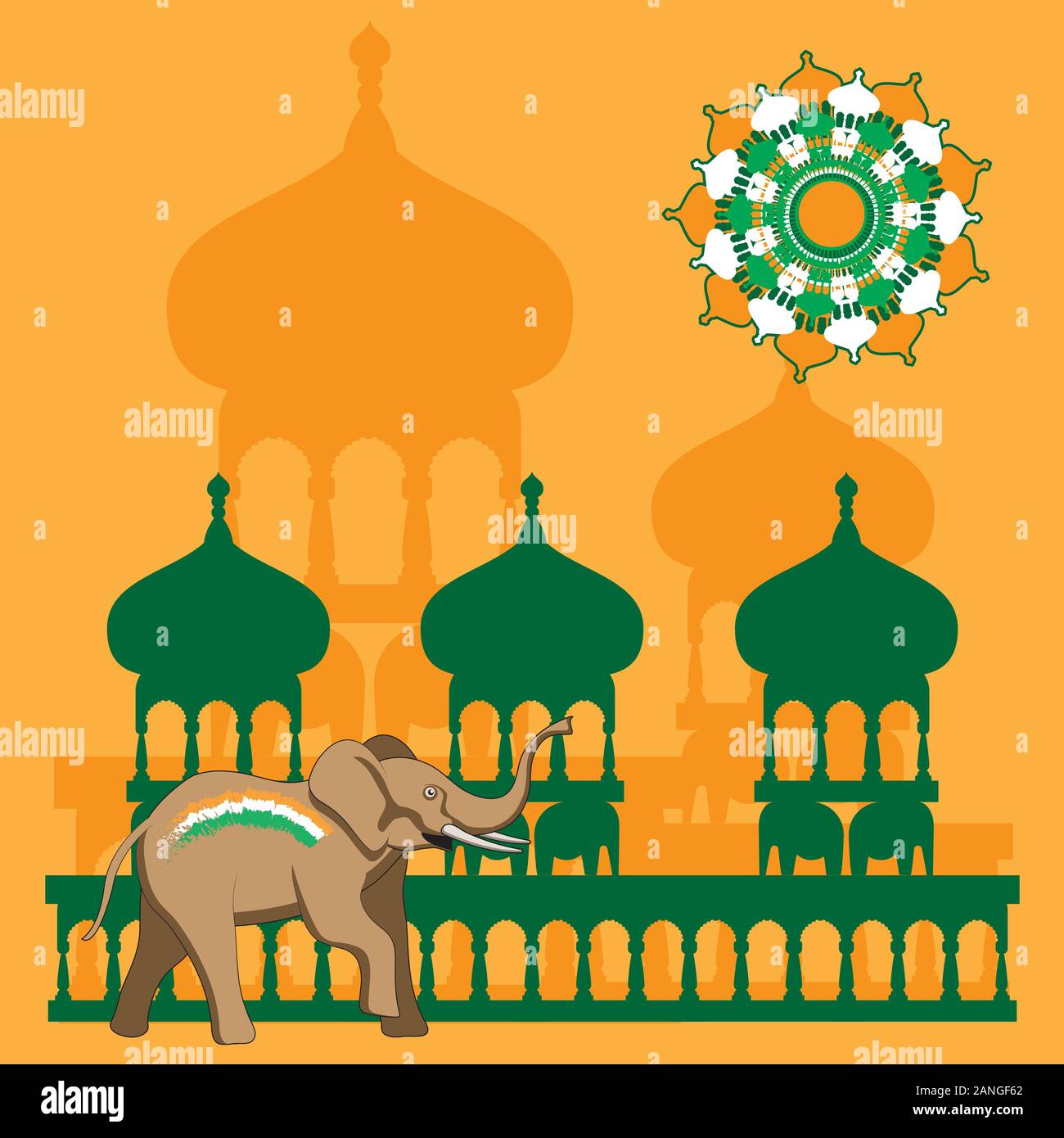 Résumé fond orange isolé avec un éléphant, les temples du soleil. Image vectorielle. Illustration de Vecteur