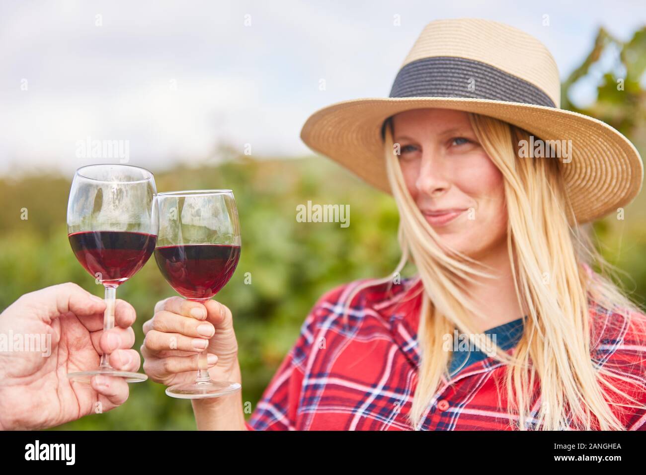 Femme blonde avec un verre de vin de boire du vin rouge au cours d'une dégustation de vin dans le vignoble Banque D'Images