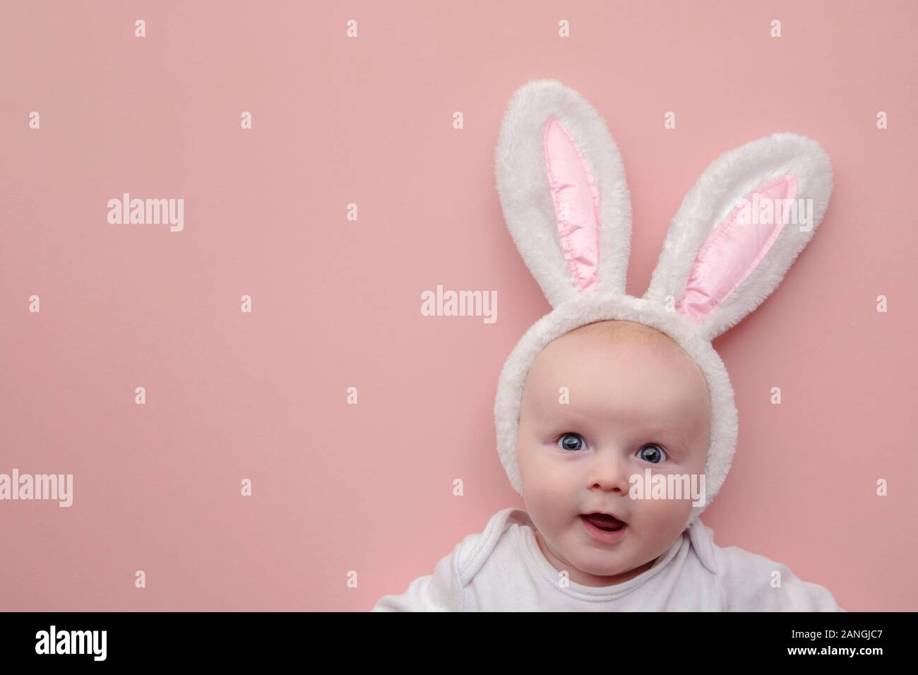 Mignon petit lapin de pâques bébé portant des oreilles de lapin sur fond rose Banque D'Images