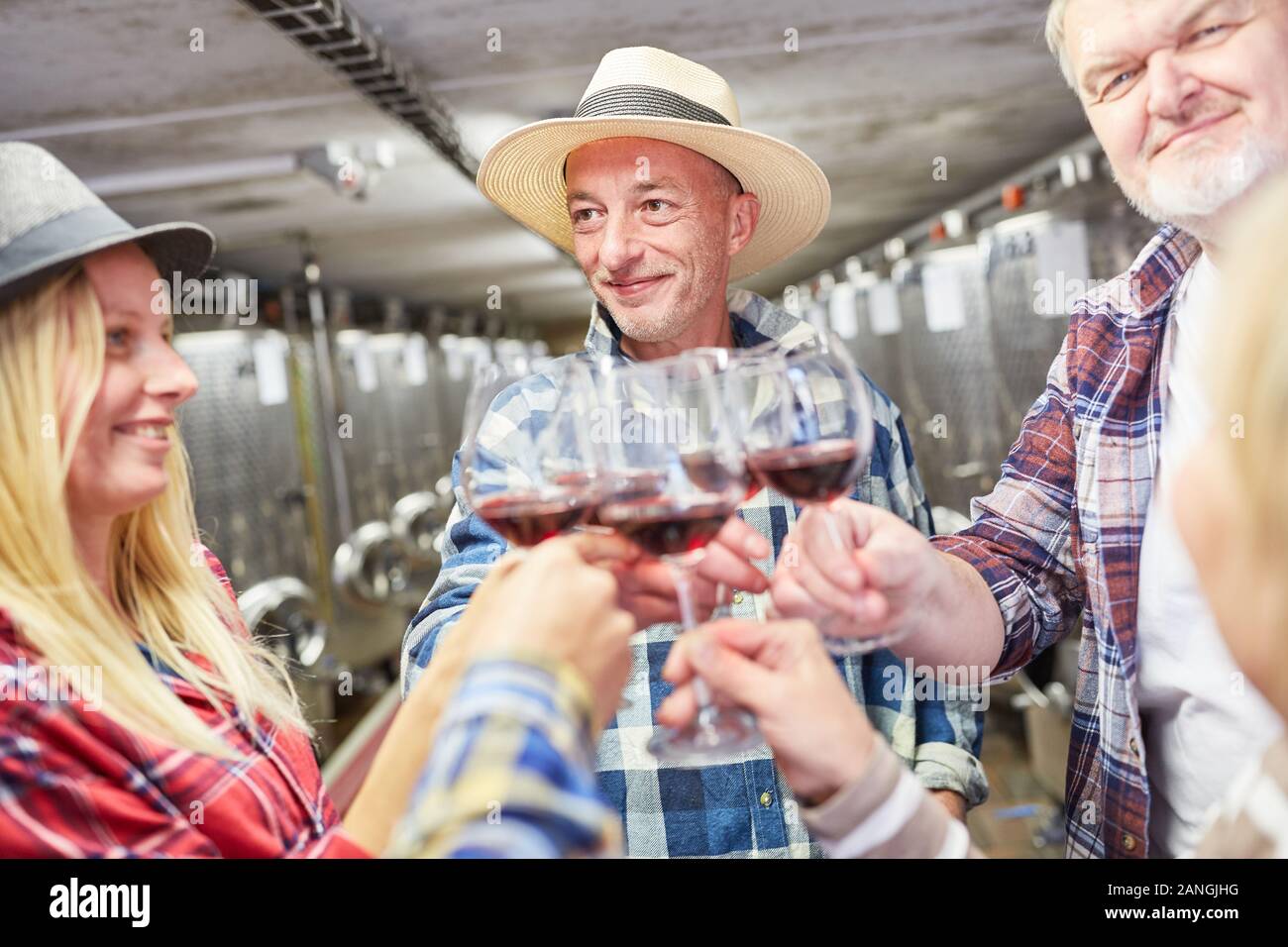 Boissons vin rouge équipe Winzer ensemble lors d'une dégustation de vin dans la cave Banque D'Images