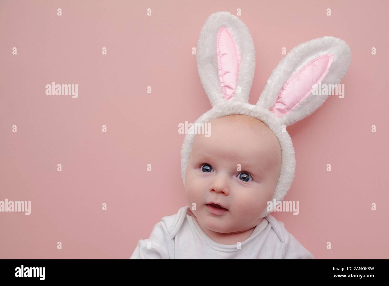 Mignon petit lapin de pâques bébé portant des oreilles de lapin sur fond rose Banque D'Images