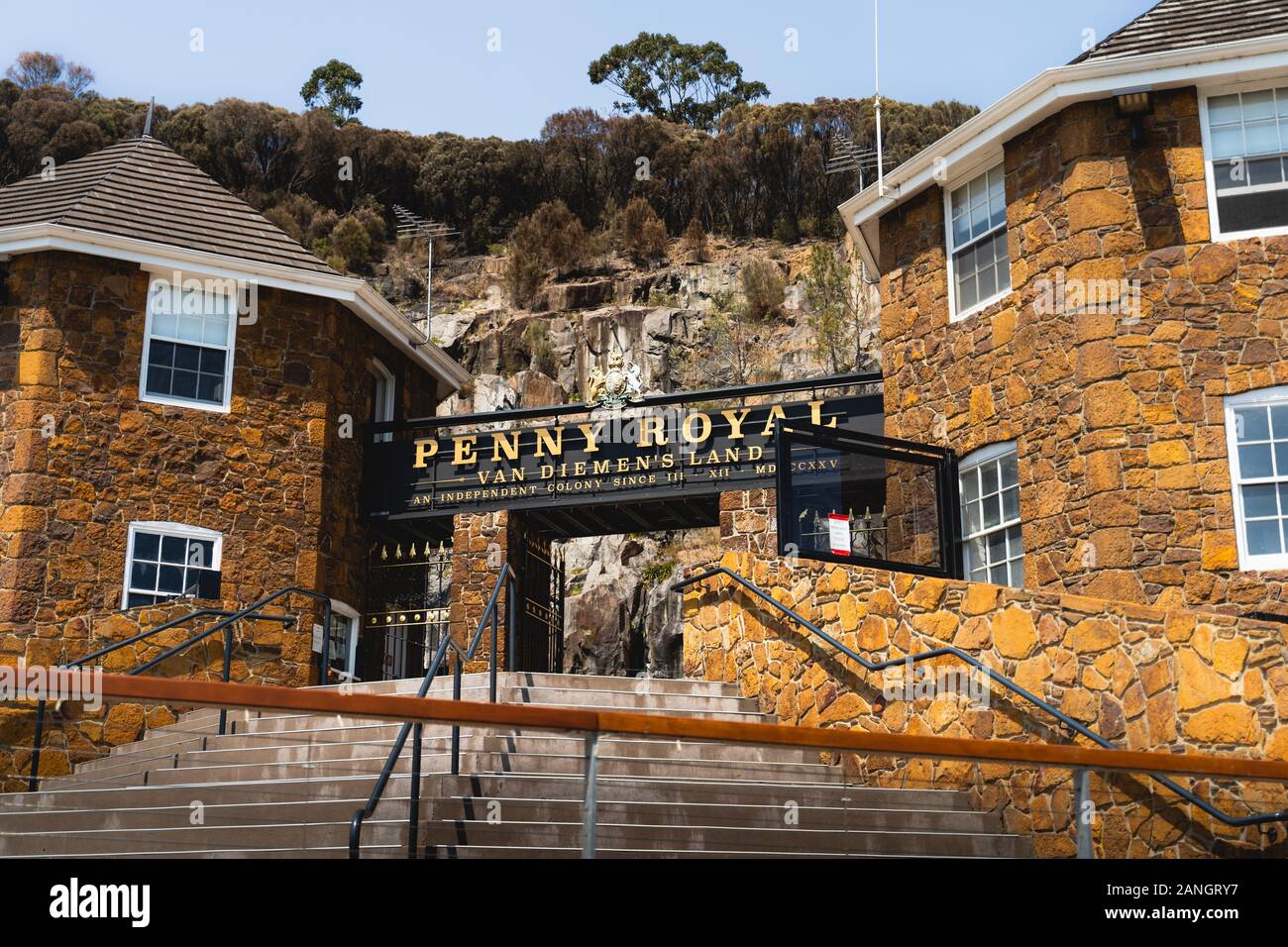 Launceston, Tasmania - 3 janvier 2020 : Le panneau d'entrée de la Penny Royal, Launceston. Banque D'Images