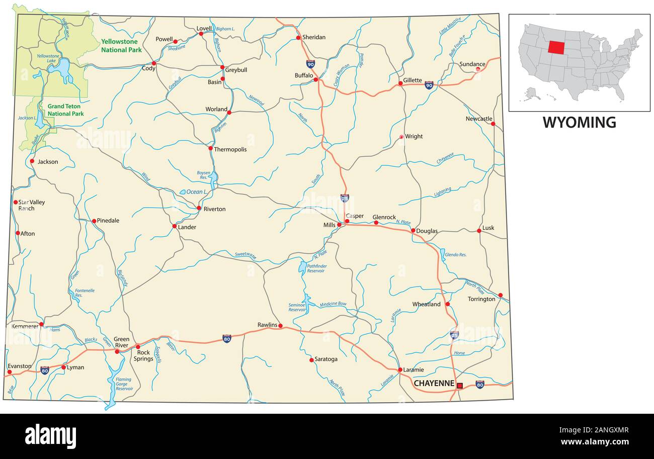 Carte routière de l'État américain du Wyoming nous Illustration de Vecteur