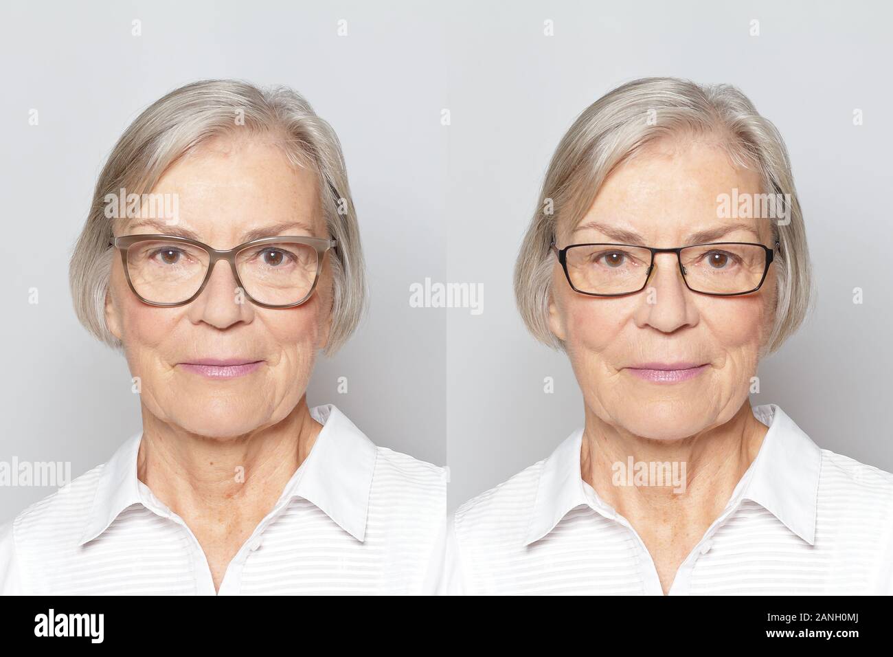 Shopping en ligne avec lunettes essayez-le : photo d'une femme senior avec deux cadres différents. Banque D'Images